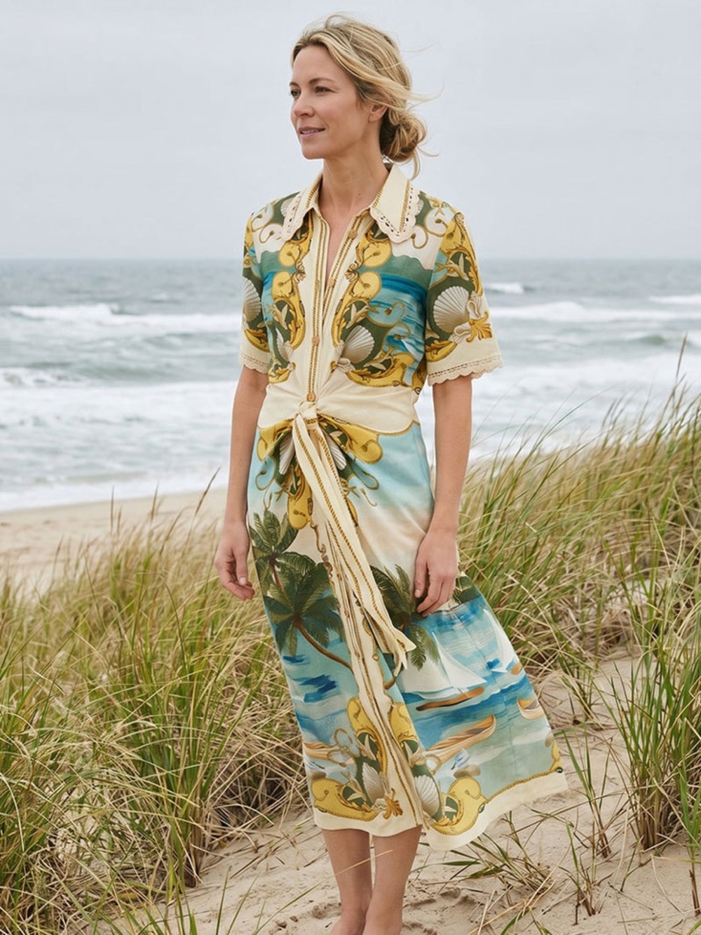 FARM Rio Off-White Royal Sea Collared Midi Dress Linen-Blend Size Small NWT - Picture 2 of 16